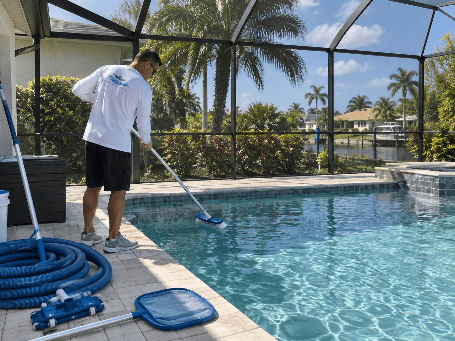 Pool cleaning service with brushing and cleaning equipment at a Cape Coral residential pool